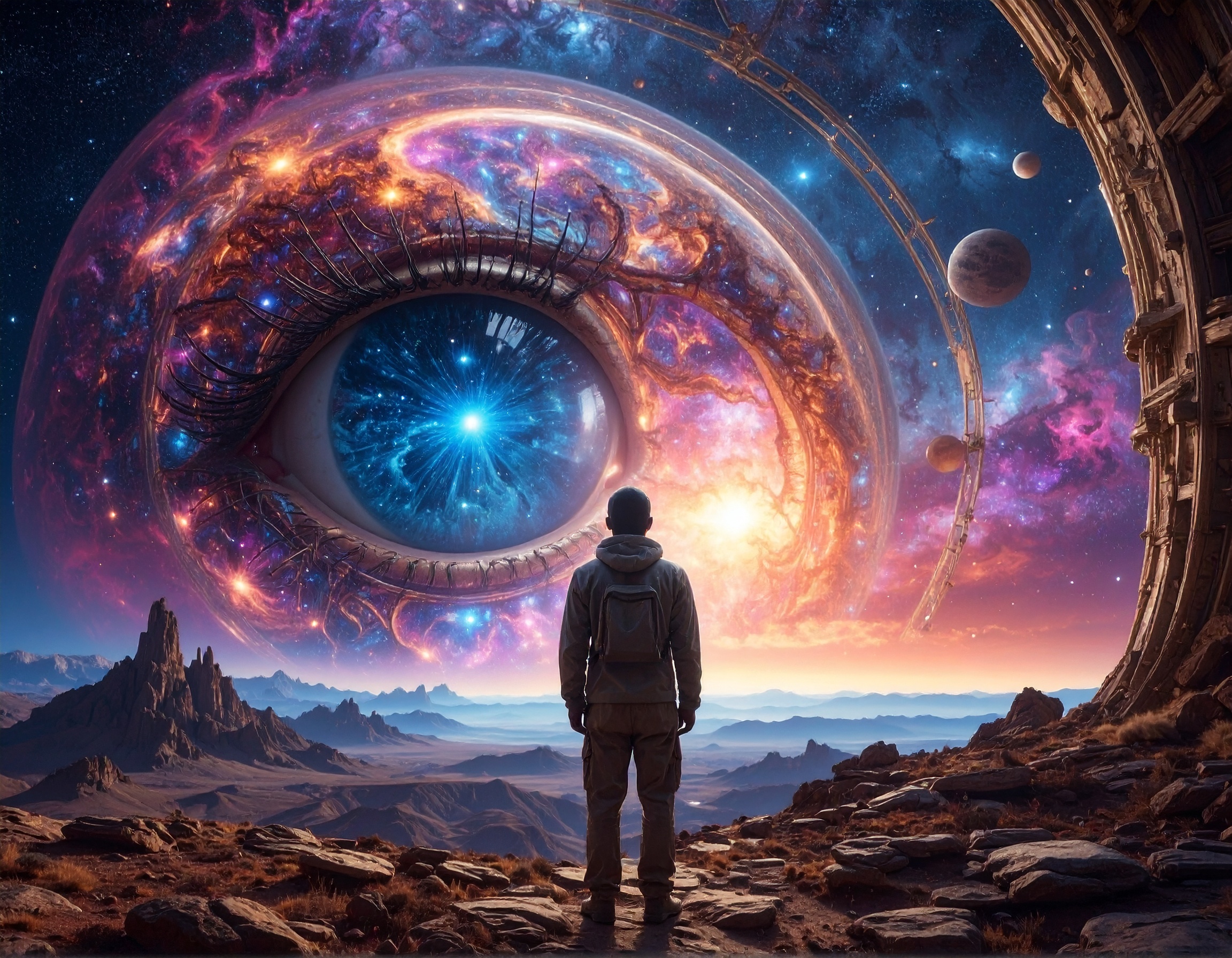 An eye looking through a swirling vortex of time and space, symbolizing seeing the future.